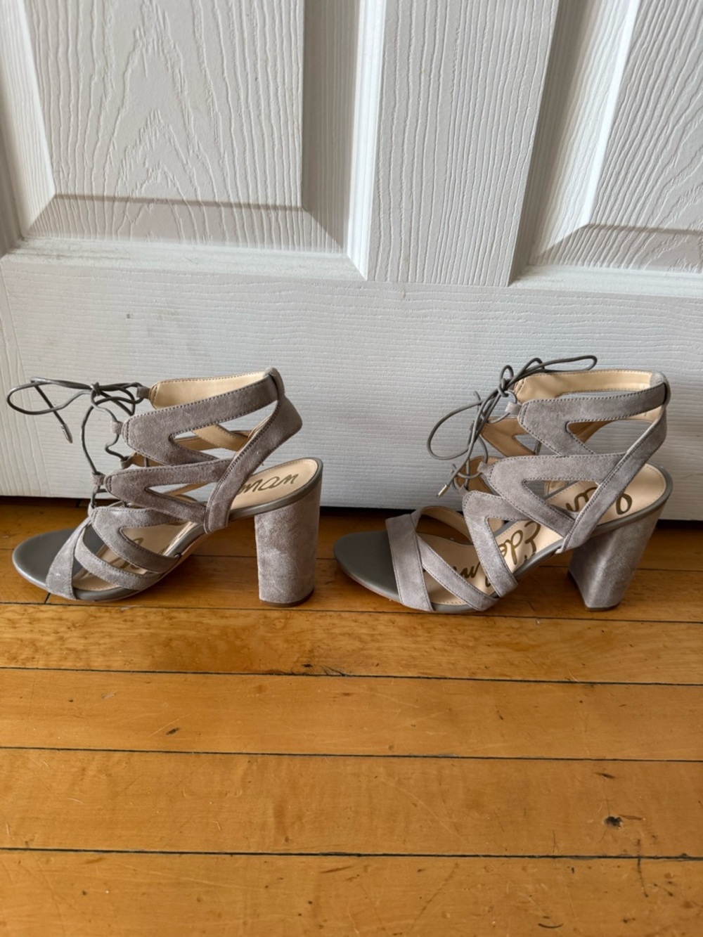 Sam Edelman Gray Suede Lace-Up Block Heel Sandals